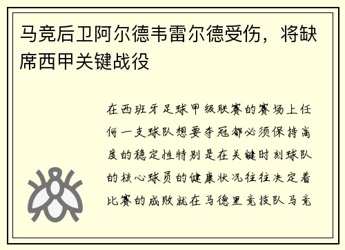 马竞后卫阿尔德韦雷尔德受伤，将缺席西甲关键战役